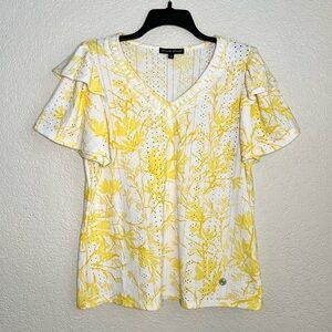 Adrienne Vittadini Yellow White Floral Eyelet Flutter Sleeves Blouse Tops Large